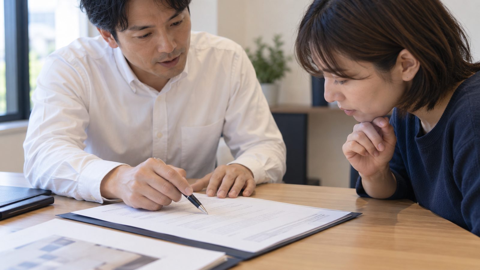 契約書類の一行を指さして確認する担当者と顧客