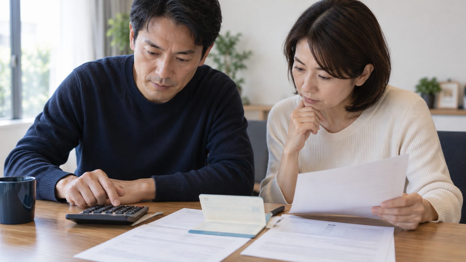 ダイニングテーブルで通帳と電卓を広げて資金の相談をする夫婦