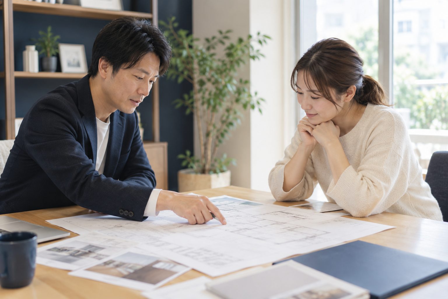 図面を広げて構造を確認する打ち合わせの様子