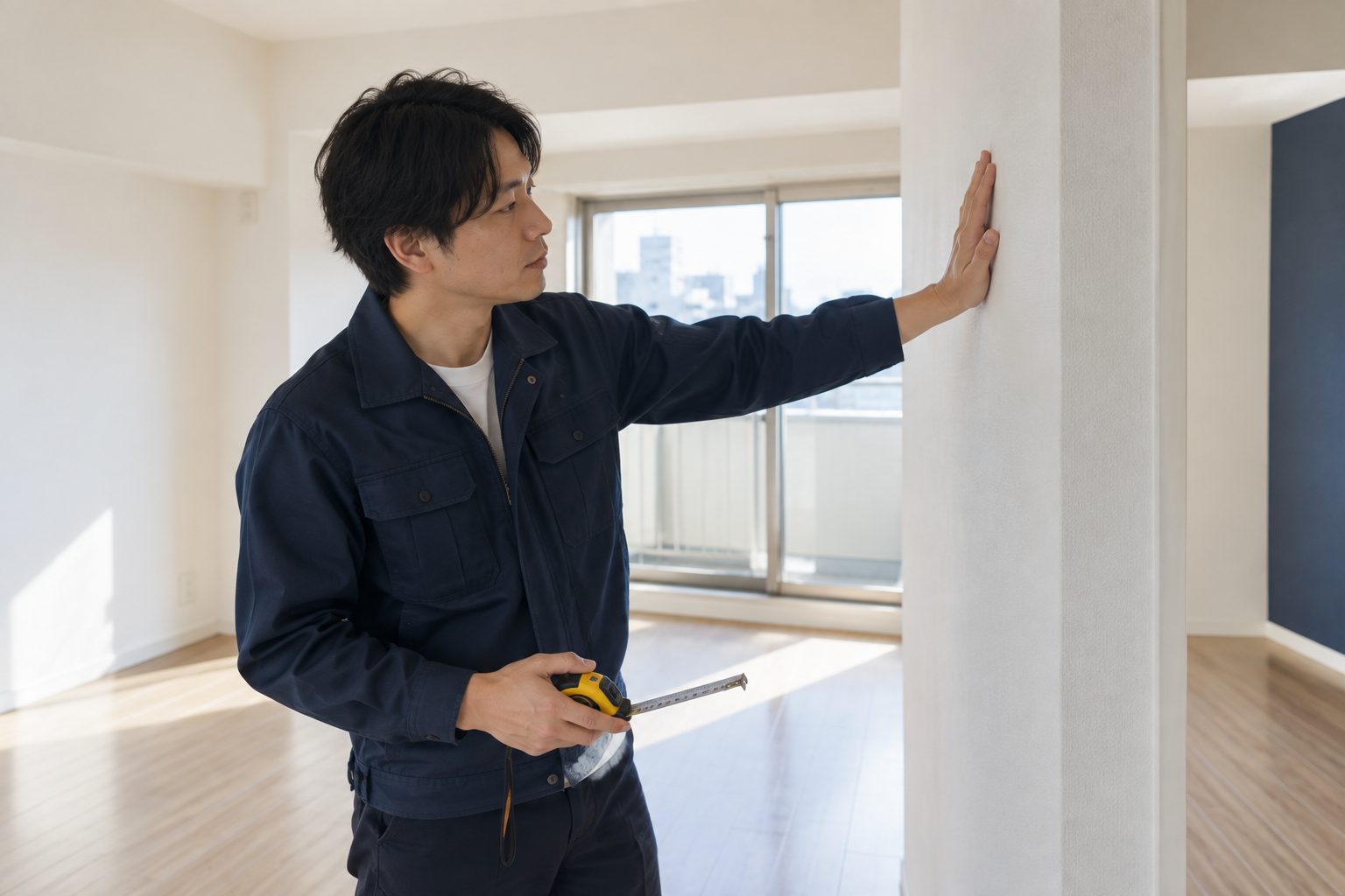 内覧で部屋の壁を手で確かめる様子