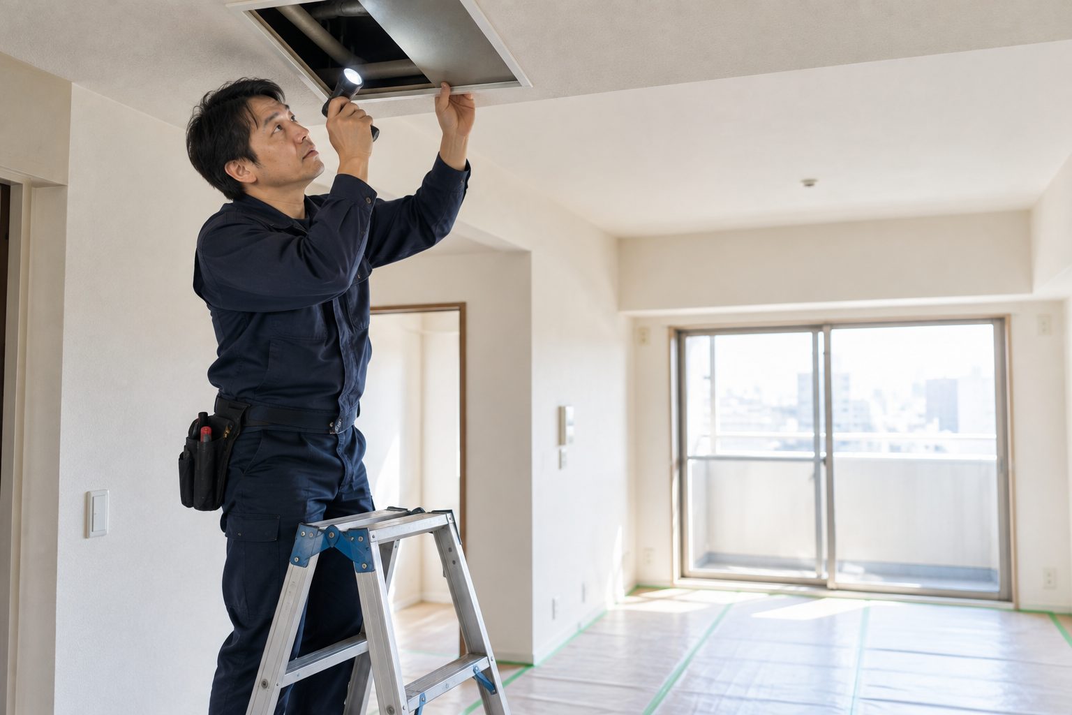 天井の点検口から内部を確認する職人