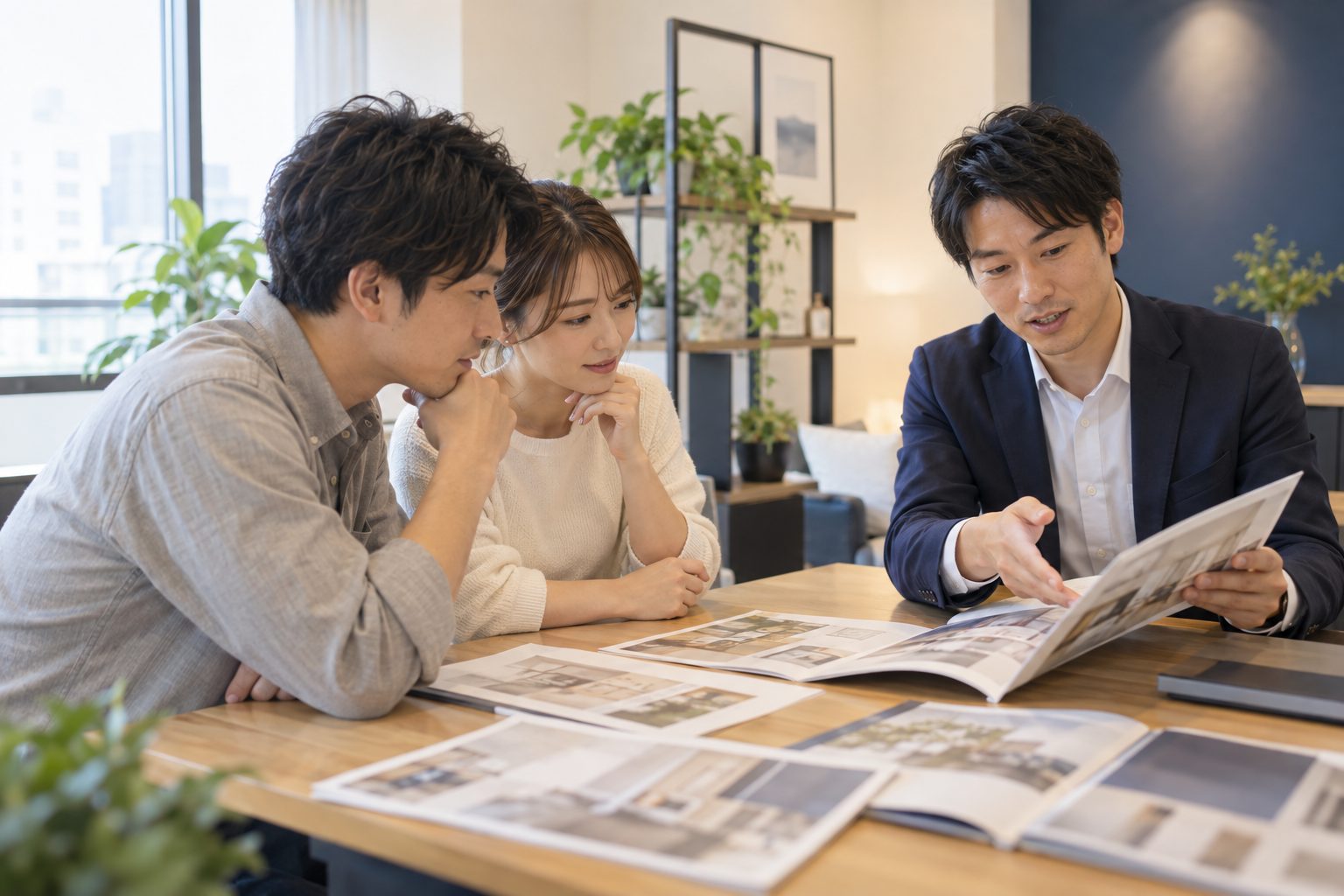 不動産会社の相談スペースでリフォームの依頼先を相談する様子