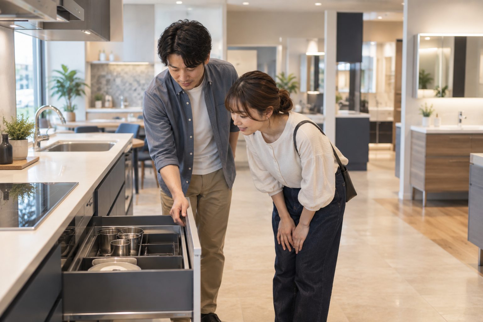 リフォームのショールームでキッチンを確かめる夫婦
