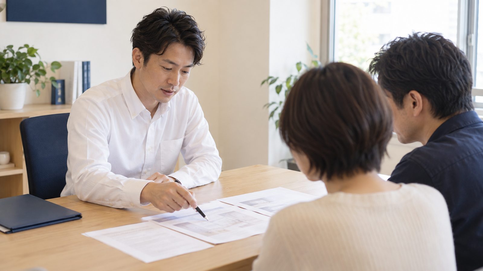 書類を指さしながら来訪者に説明する担当者