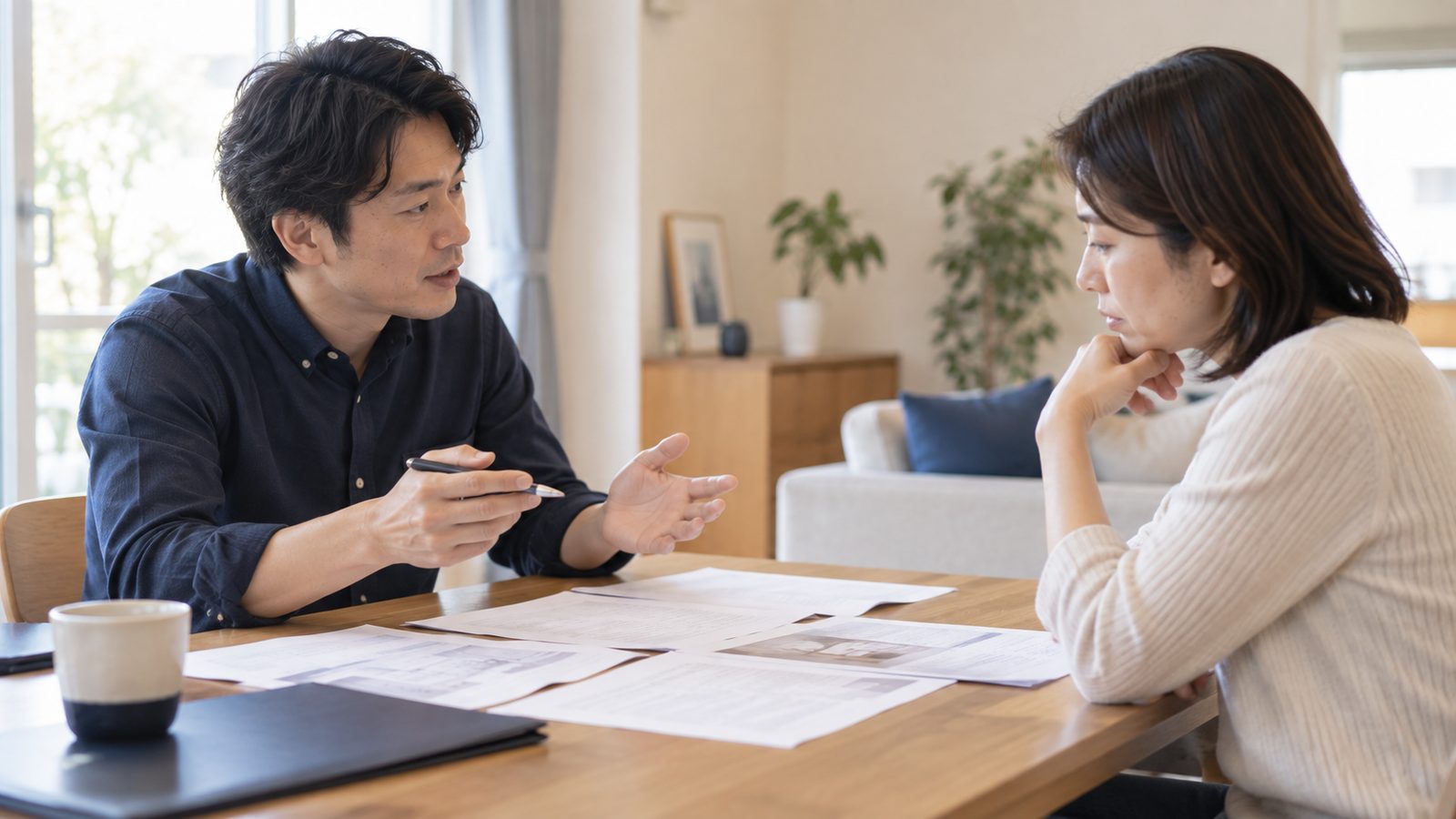 ダイニングテーブルで資金計画を話し合う夫婦