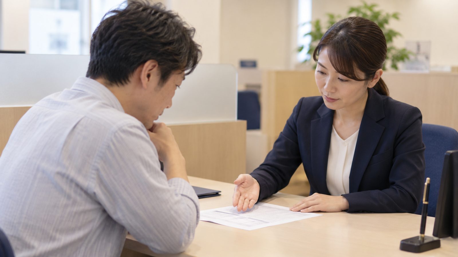 銀行の相談カウンターで窓口担当者に相談する様子