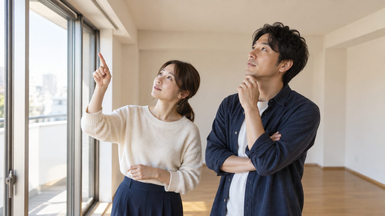 何もない部屋で窓を見上げて見て回る夫婦
