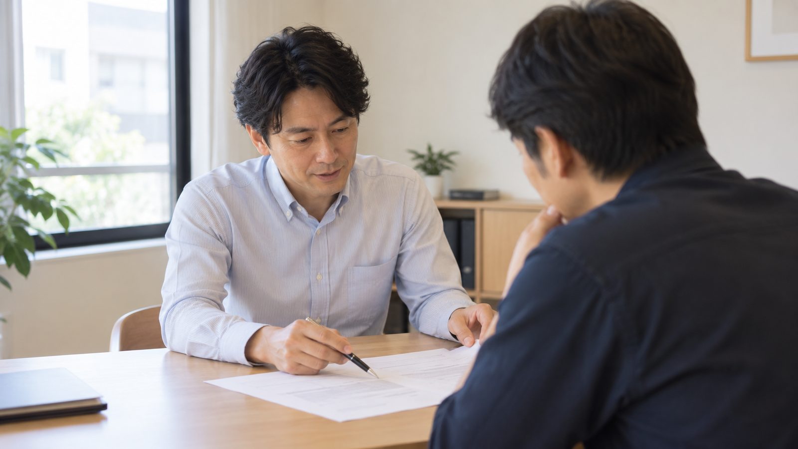 明るい事務所で書類を指しながら説明する担当者