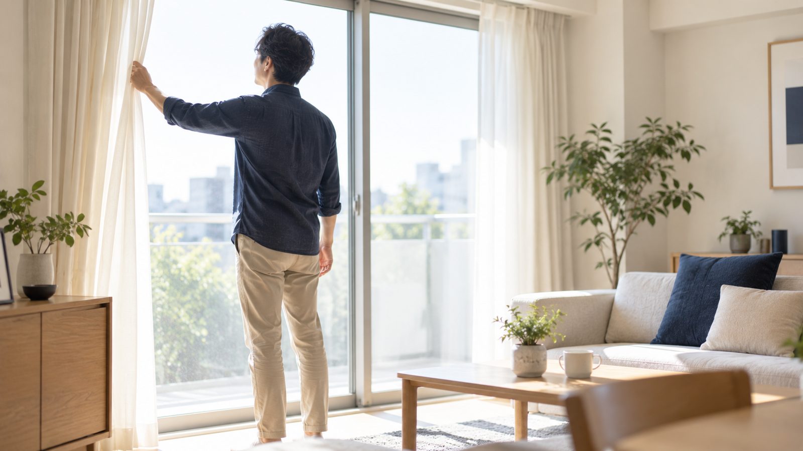 窓辺のカーテンを大きく開ける様子
