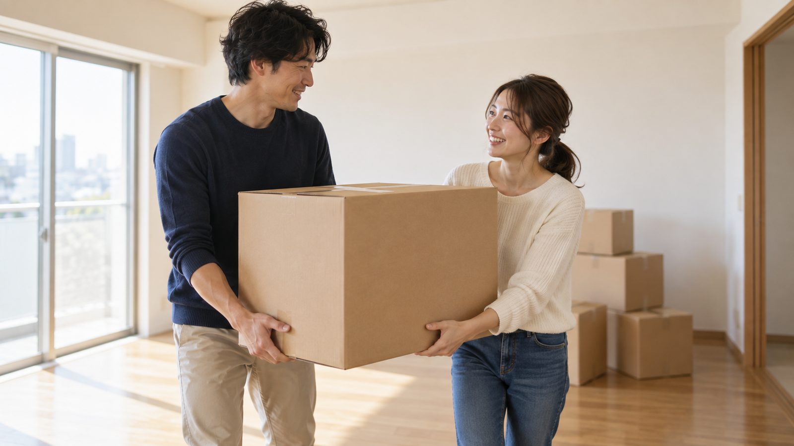 明るい部屋で段ボール箱を運ぶ夫婦