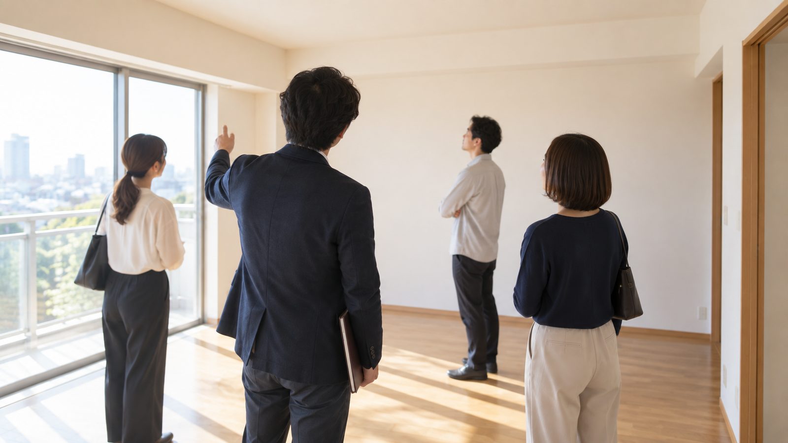明るい室内を同時に見学する見学者たち