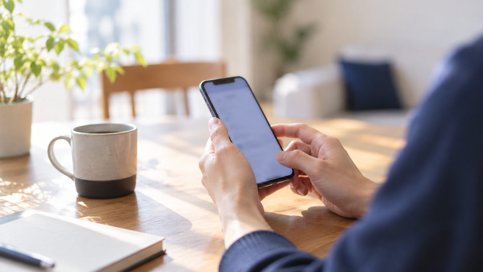 朝のダイニングでスマートフォンを見る手元