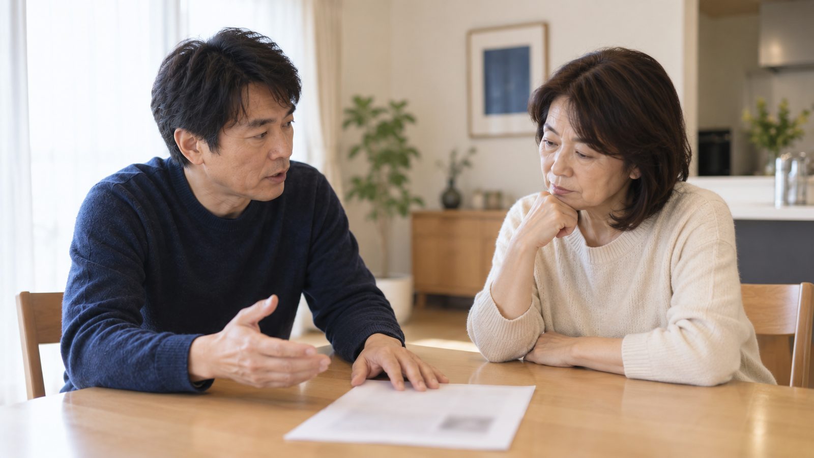 ダイニングテーブルで書類を囲んで話す兄妹