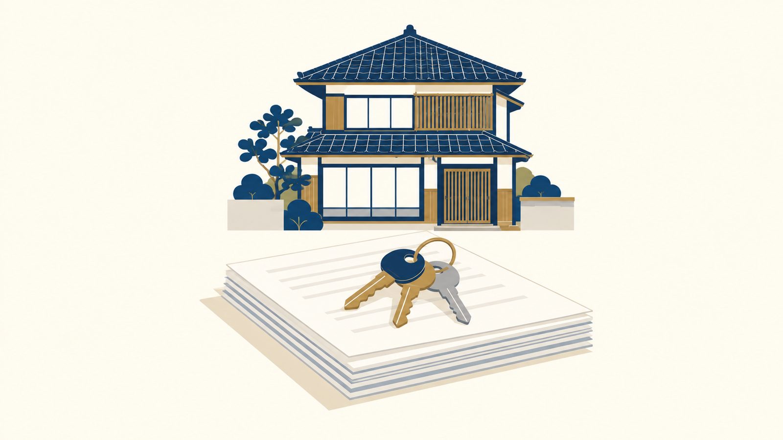 古い日本家屋と書類の束、鍵束の図解