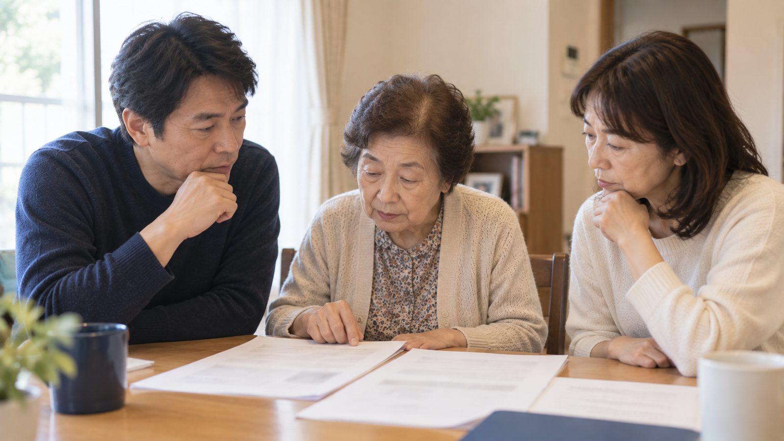 食卓で資料を前に話し合う親子