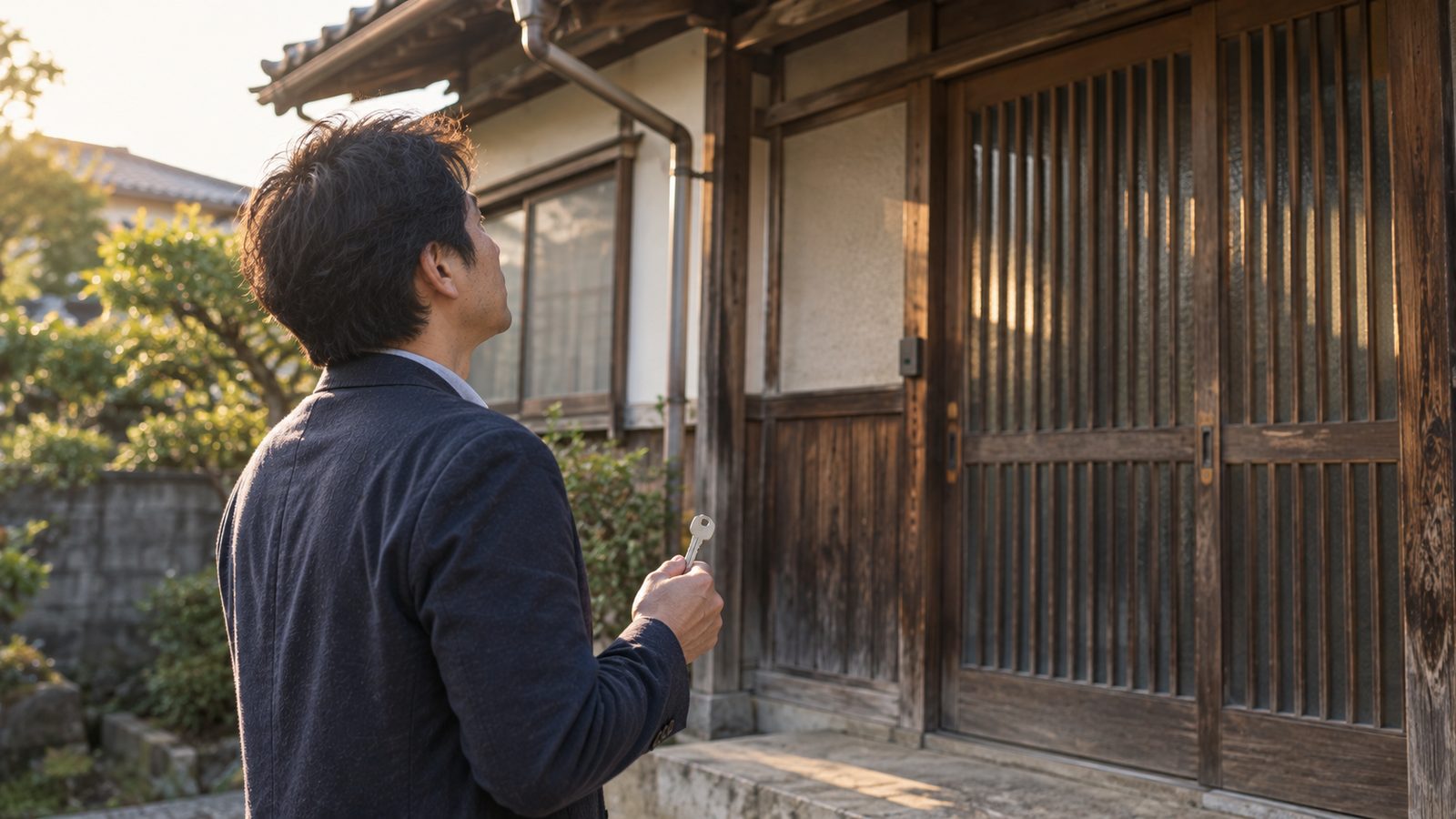 古い家屋の玄関先に立つ人物