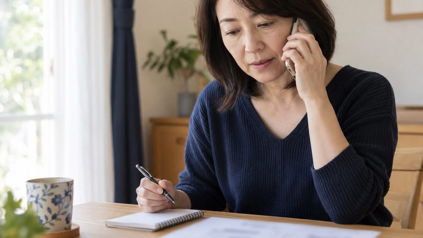 手元の書類を見ながらメモを取り、電話で相談する50代の日本人女性