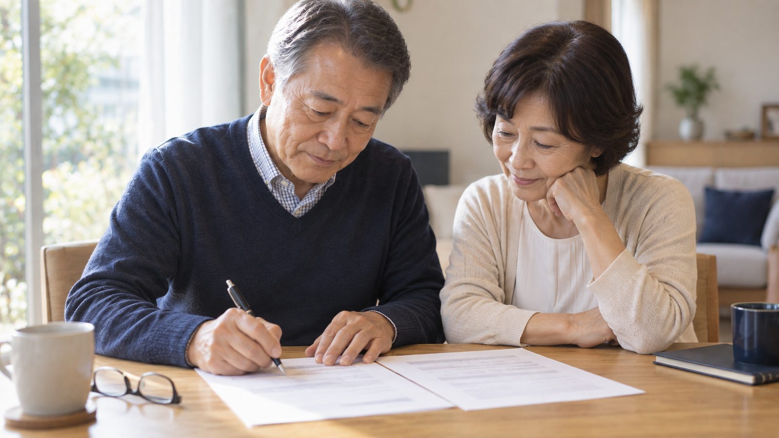 ダイニングテーブルで書類に記入するご夫婦