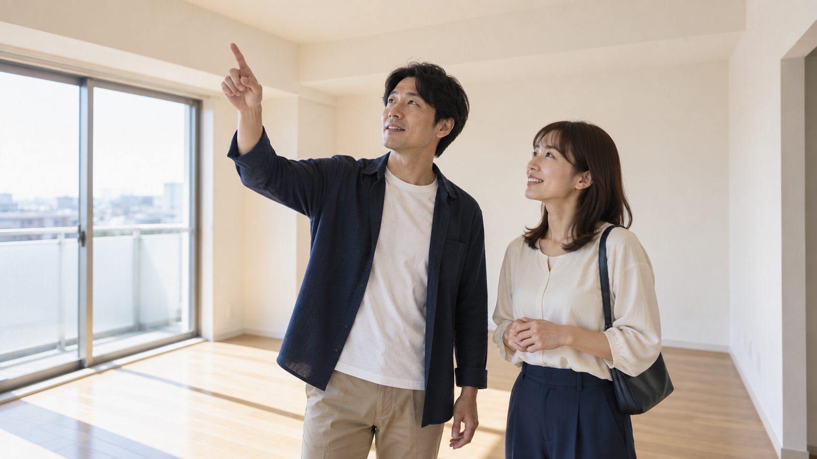 明るい部屋を見回す若いご夫婦