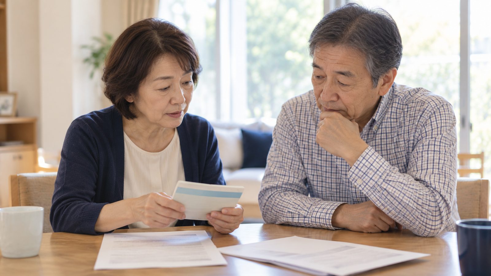 通帳を前に話し合うシニア世代のご夫婦