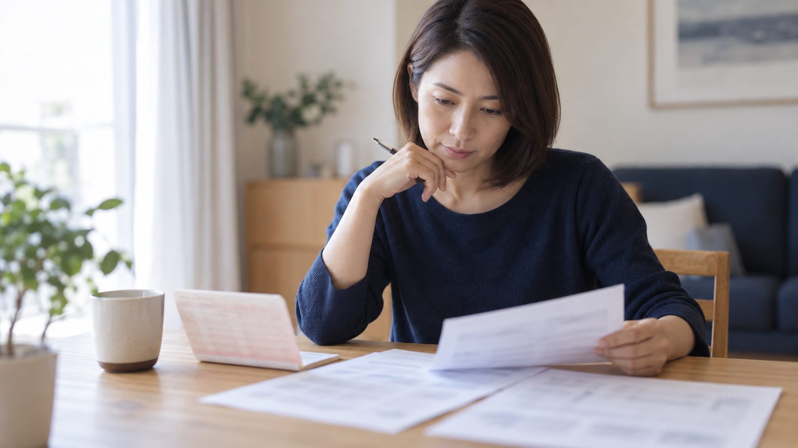 自宅で書類を確認している様子