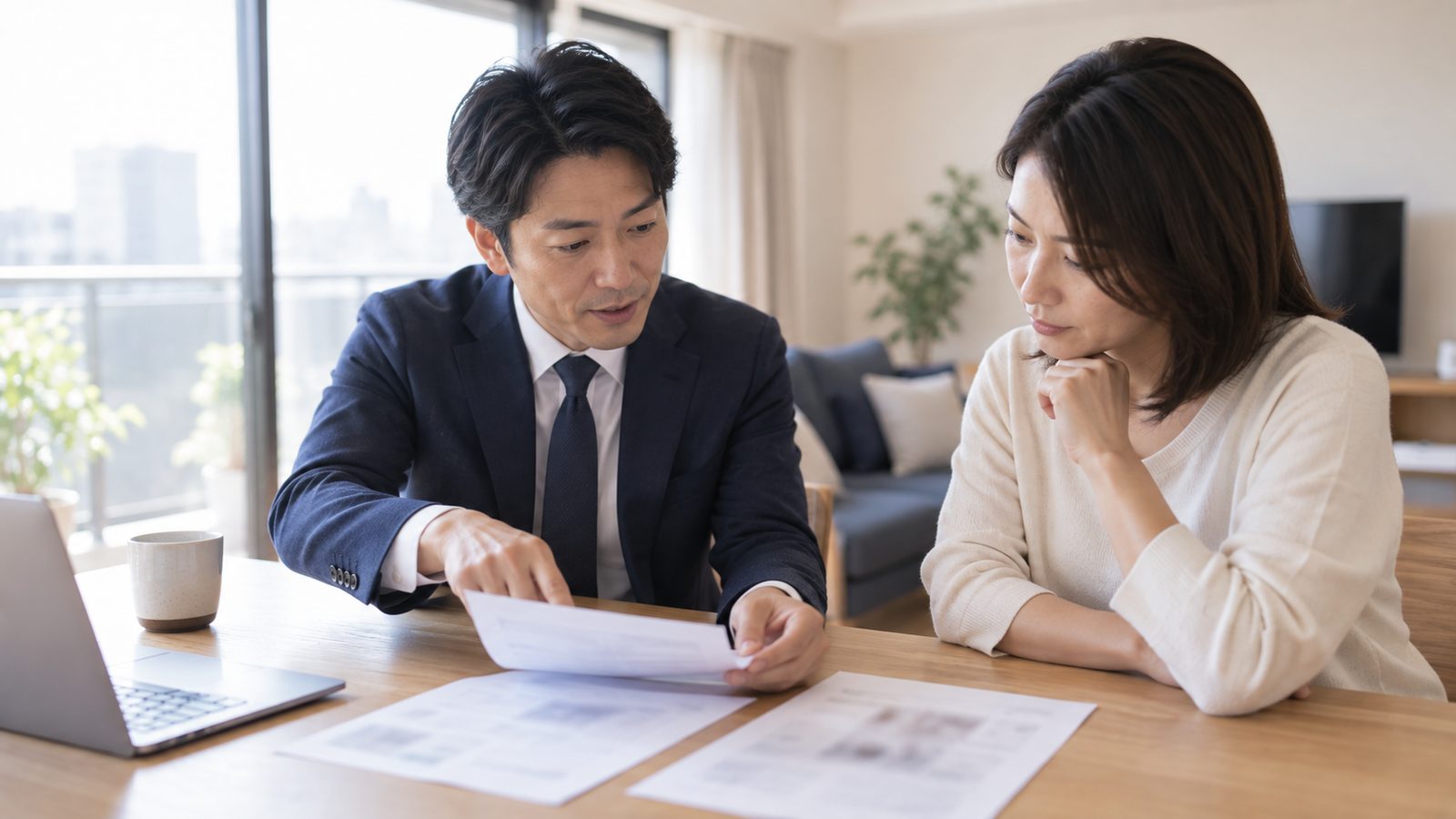 マンションのリビングで担当者が資料を見せて説明している場面