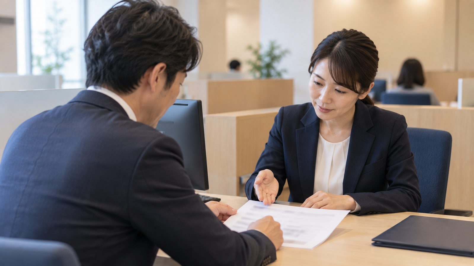 金融機関の窓口で書類を示して相談している場面