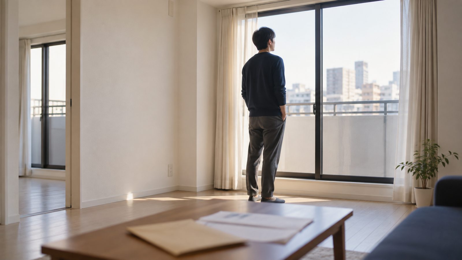 賃貸の部屋の窓辺に立ち外を眺めている様子