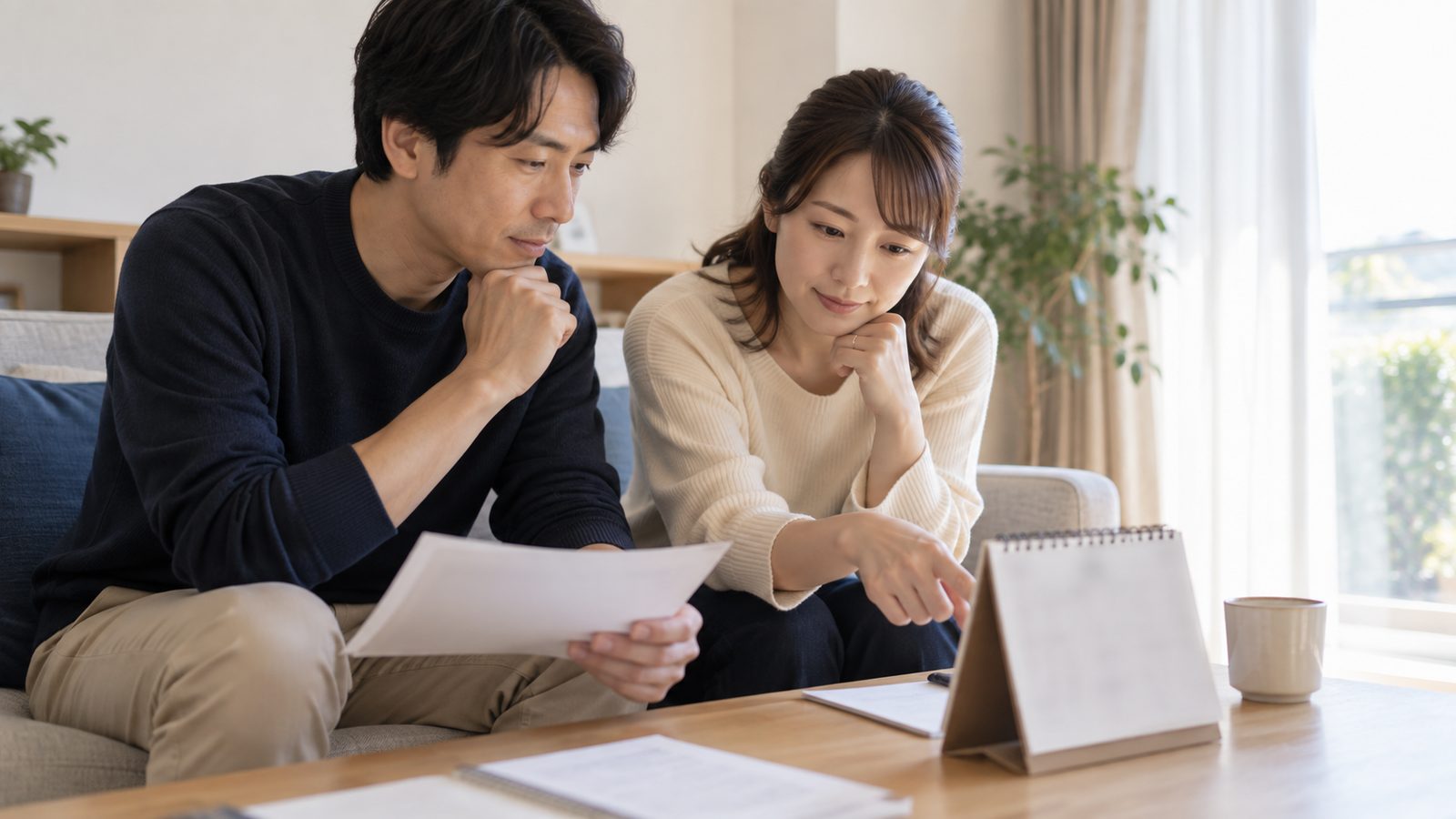 ソファで資料とカレンダーを見ながら予定を確認する夫婦
