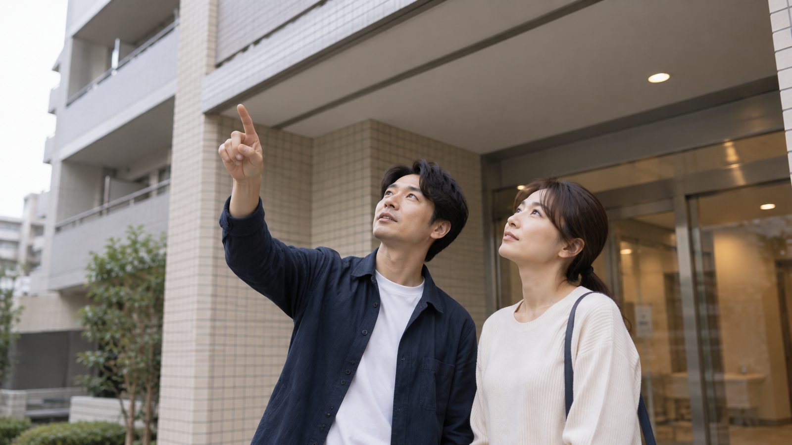 マンションの共用エントランス前で建物を見上げる夫婦