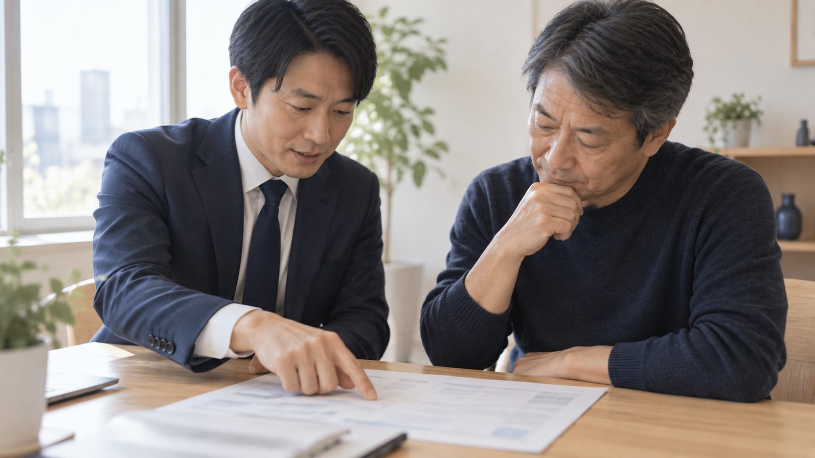 担当者が資料の行を指しながら売主に説明している場面