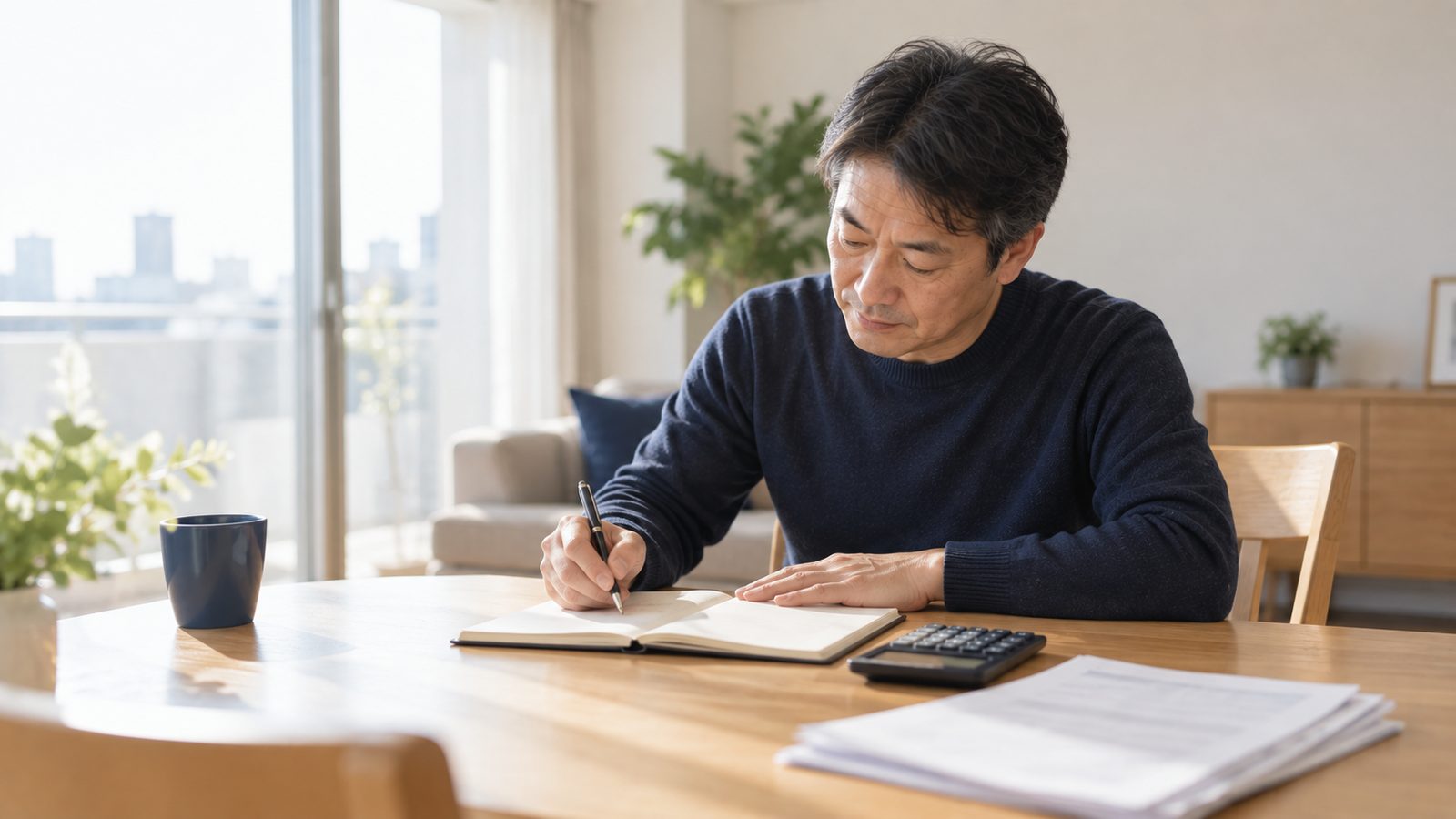 ダイニングで電卓とノートを前に書き込みをしている場面