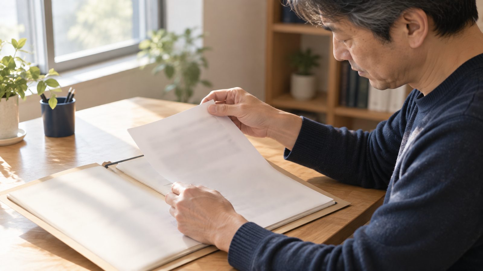 古いファイルから書類を取り出して確かめている様子