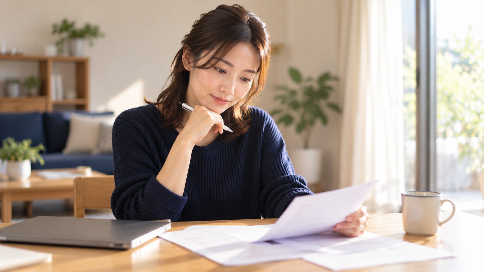 机でノートパソコンと資料を前に考える女性