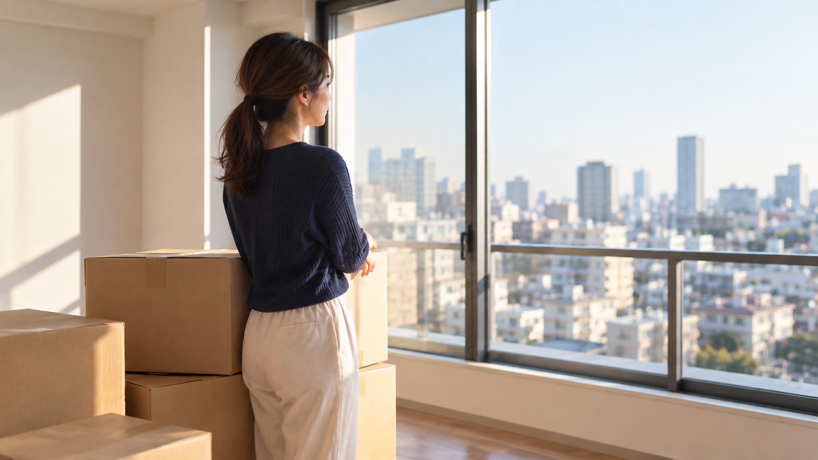 段ボール箱のそばで窓の外を見る女性