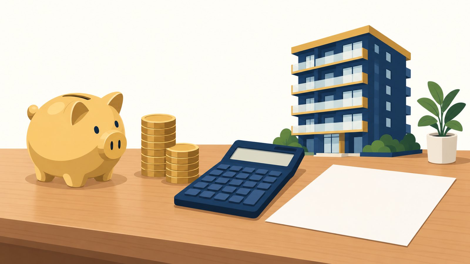 貯金箱と硬貨、電卓、マンションの模型が並ぶイラスト