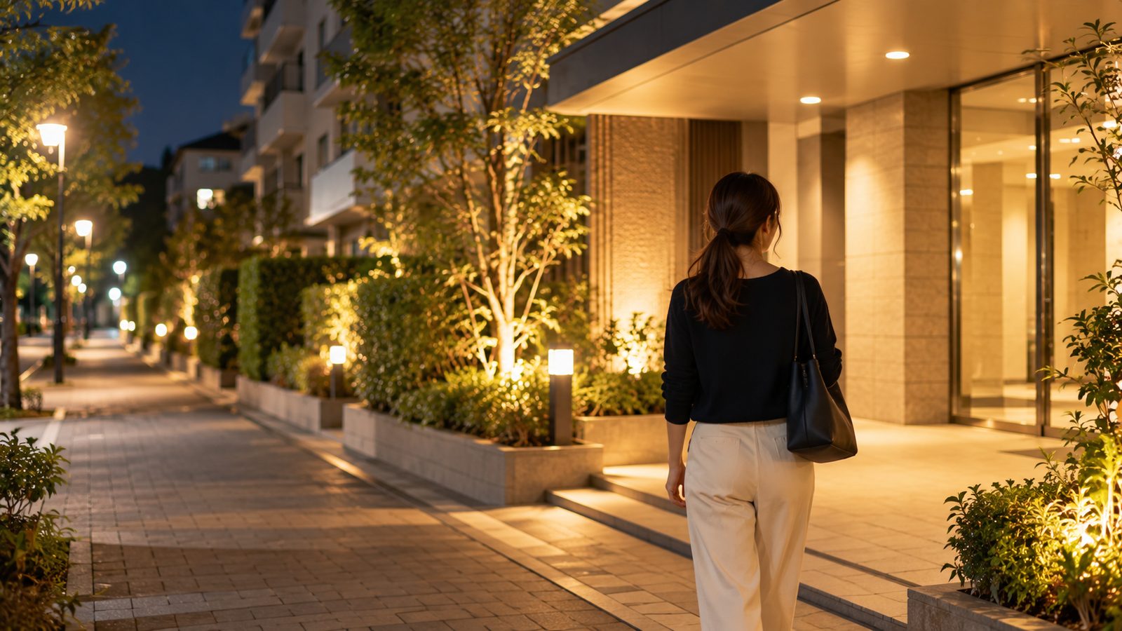 街灯が点いた夜の帰り道を歩く女性の後ろ姿