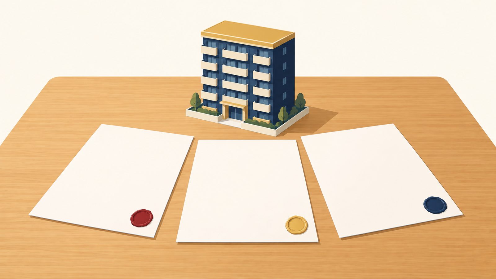 一軒のマンションの模型の手前に扇状に広がる三枚の書類