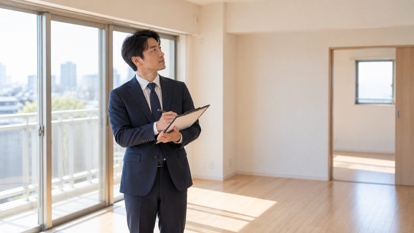 明るい室内を見渡しながらバインダーに書き込む担当者