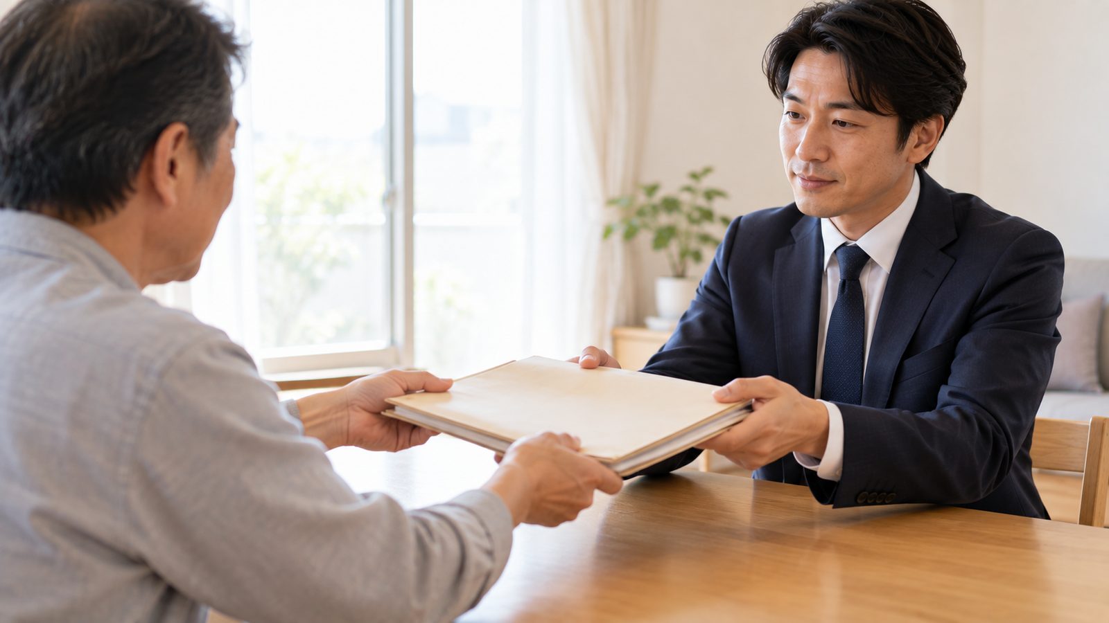 古い書類のファイルを担当者に手渡している売主