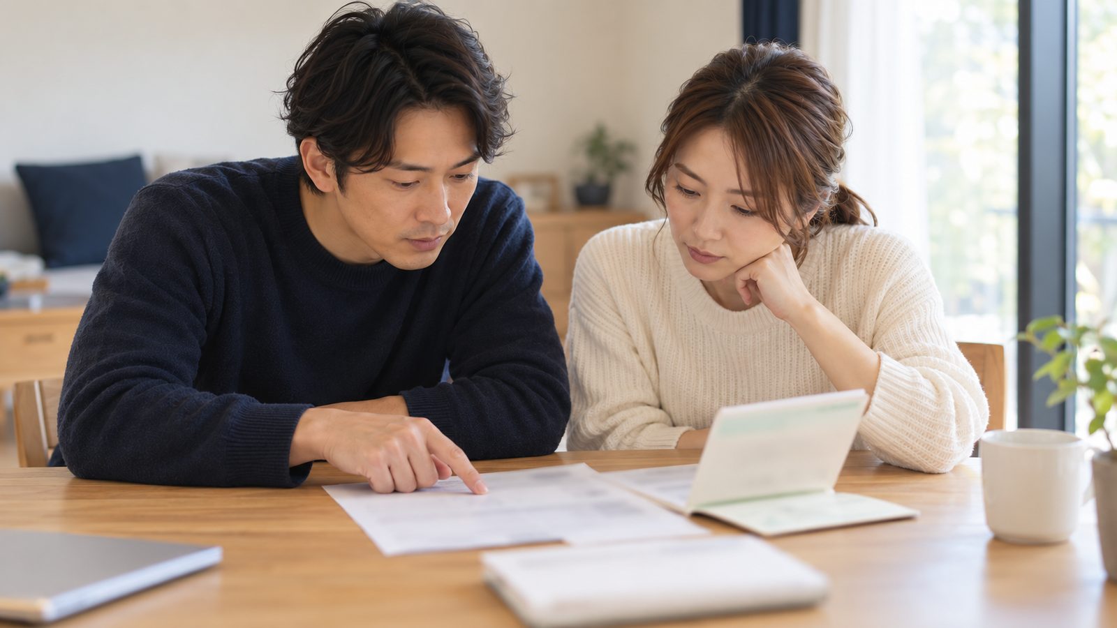 ダイニングテーブルで紙の明細と通帳を広げて覗き込む夫婦