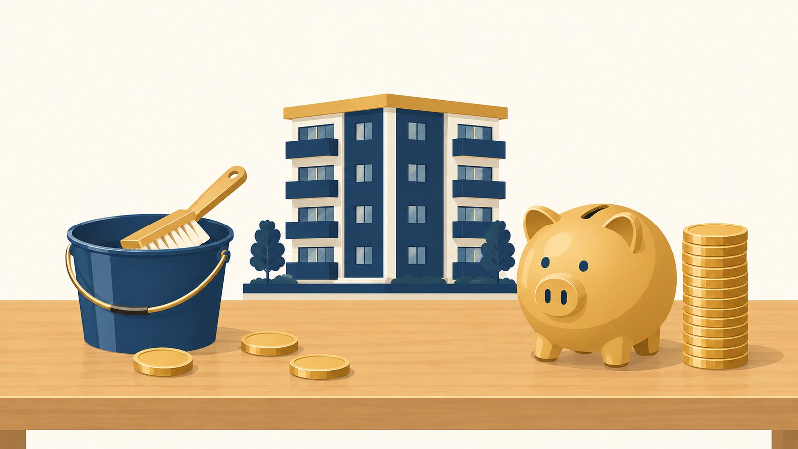 バケツとブラシ、貯金箱と積まれた硬貨、マンションの模型が並ぶイラスト