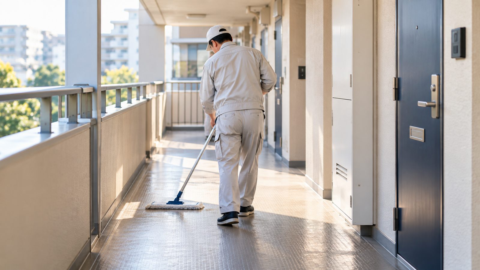 マンションの共用廊下をモップで清掃している管理員の後ろ姿