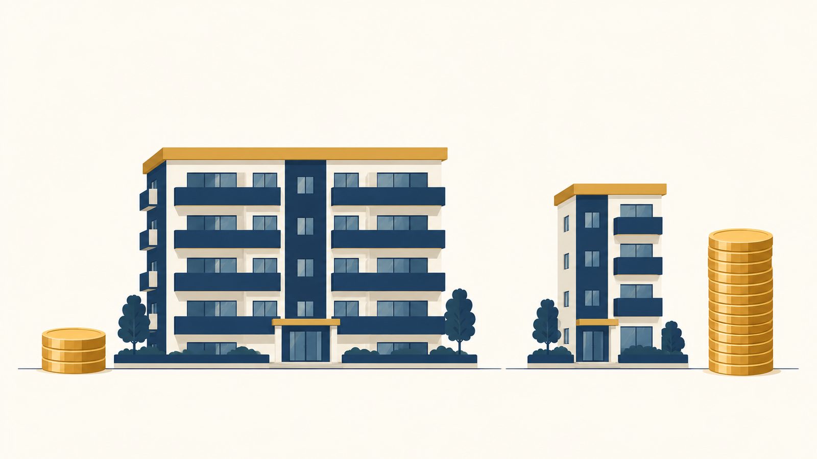 大きなマンションの模型と小さなマンションの模型、足元に積まれた硬貨のイラスト