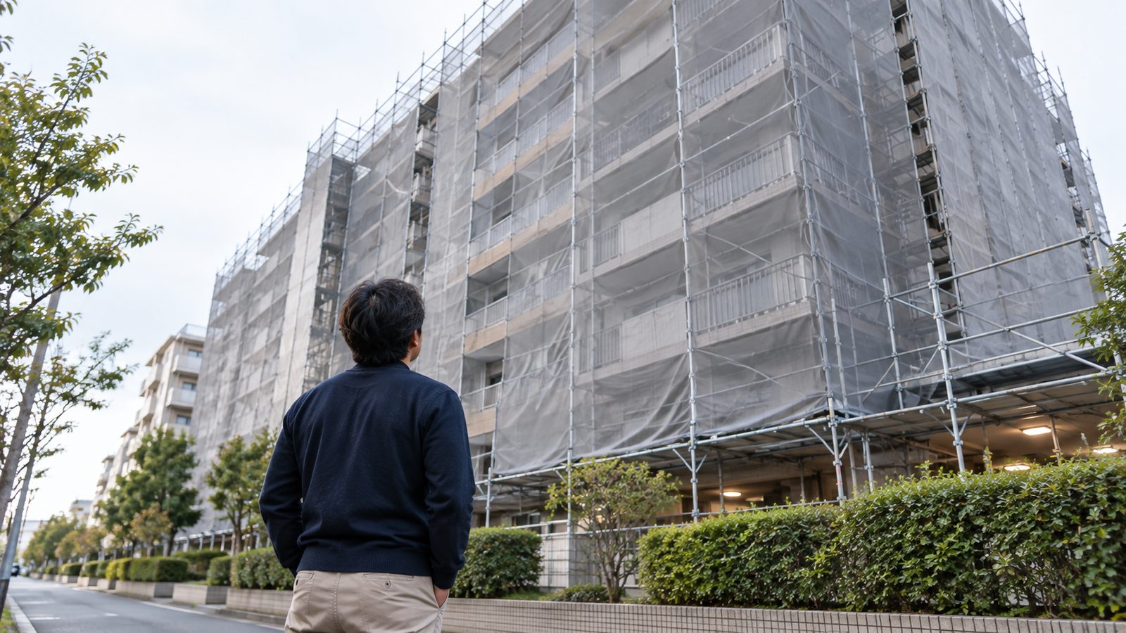 足場とメッシュシートで覆われたマンションを歩道から見上げる住民の後ろ姿