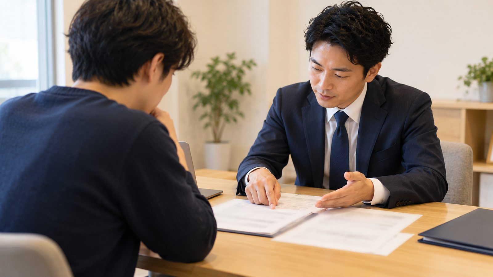 相談席で担当者から書類を示されながら説明を受けている人