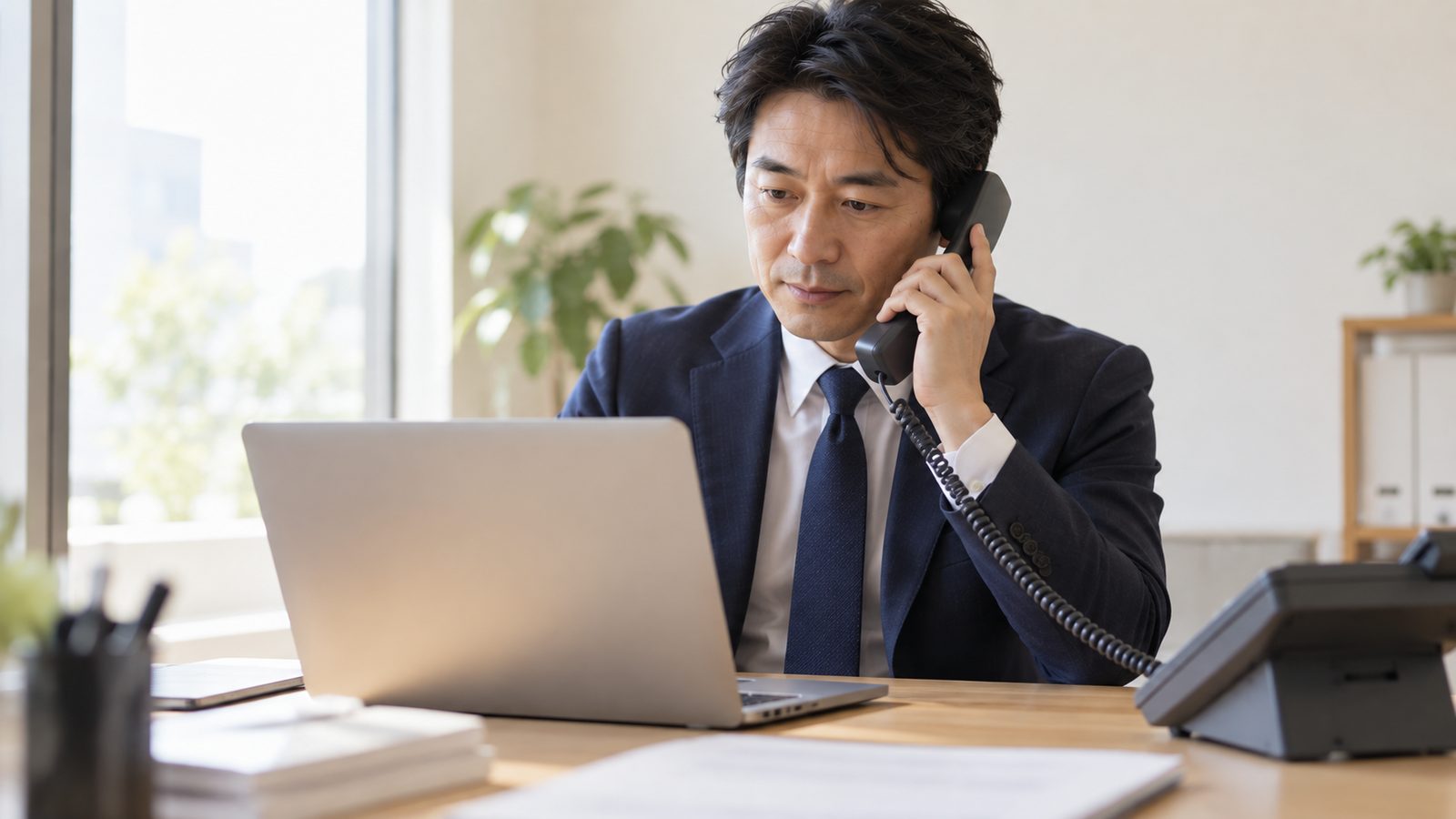 受話器を持ちながらパソコンの画面を見ている不動産会社の担当者の手元
