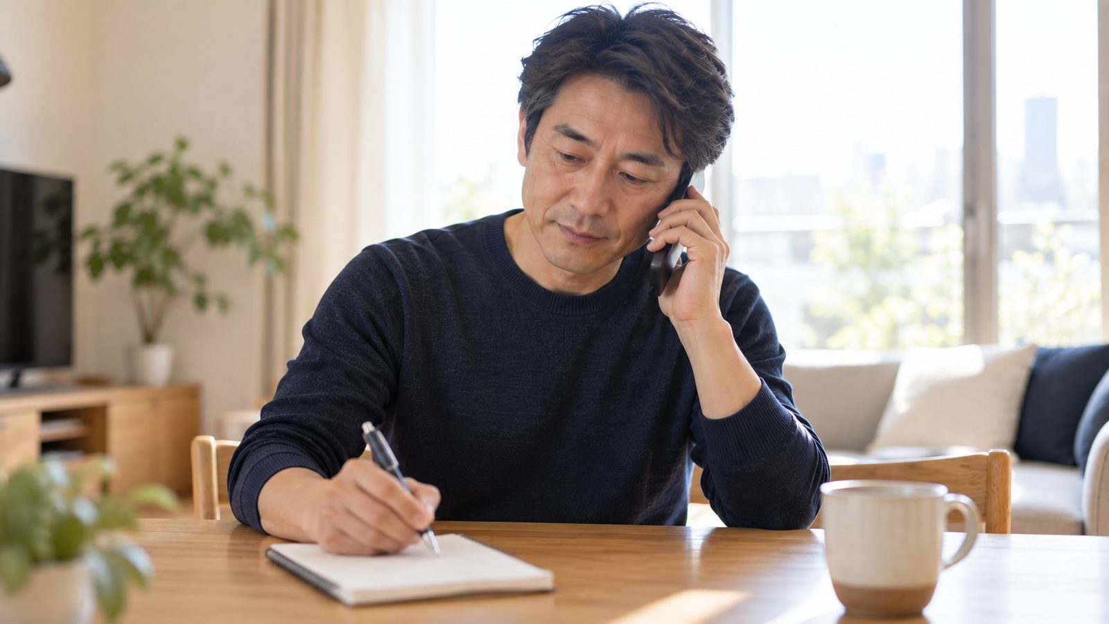 スマートフォンで落ち着いて話しながら手元のメモに書き留めている売主