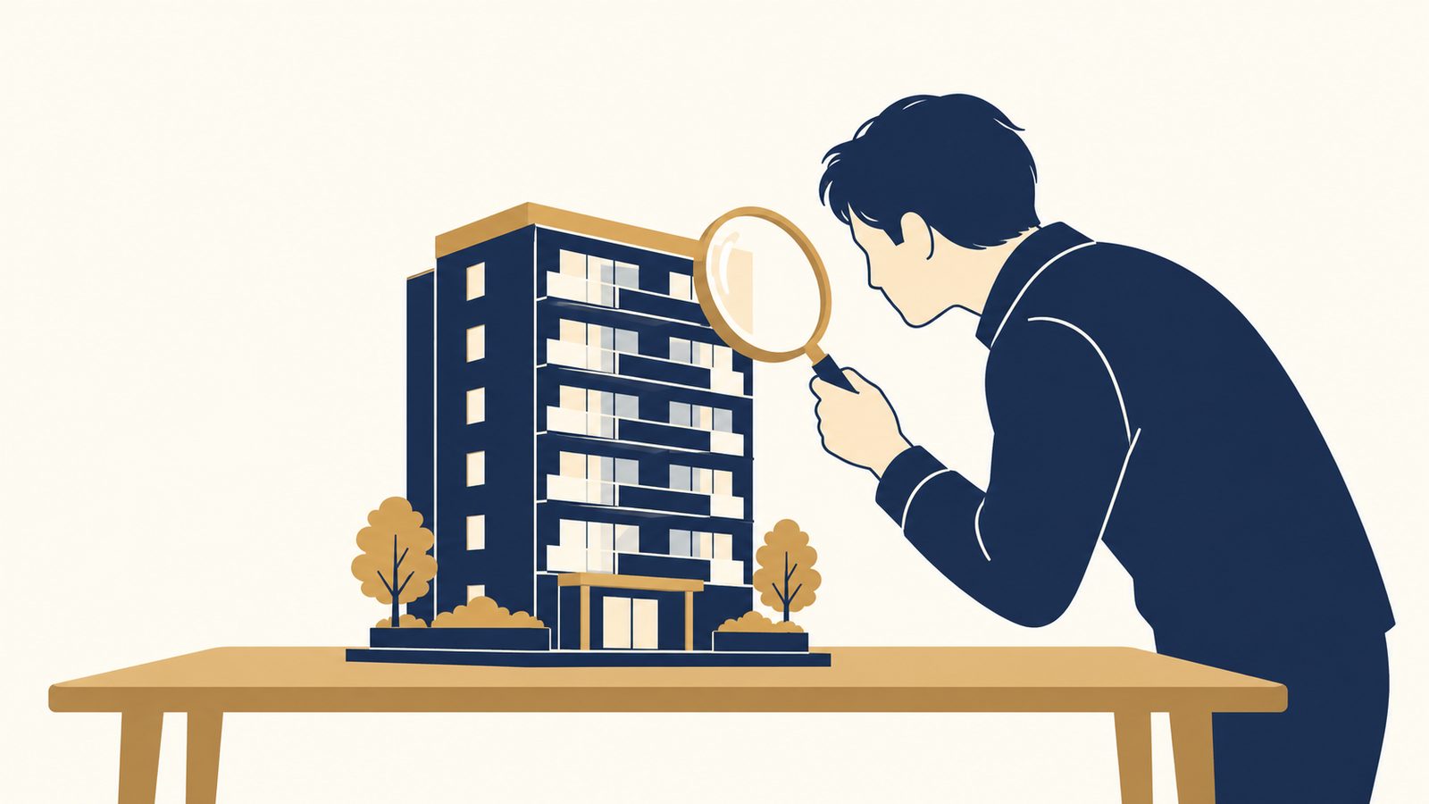 マンションの模型を虫めがねで確かめている様子