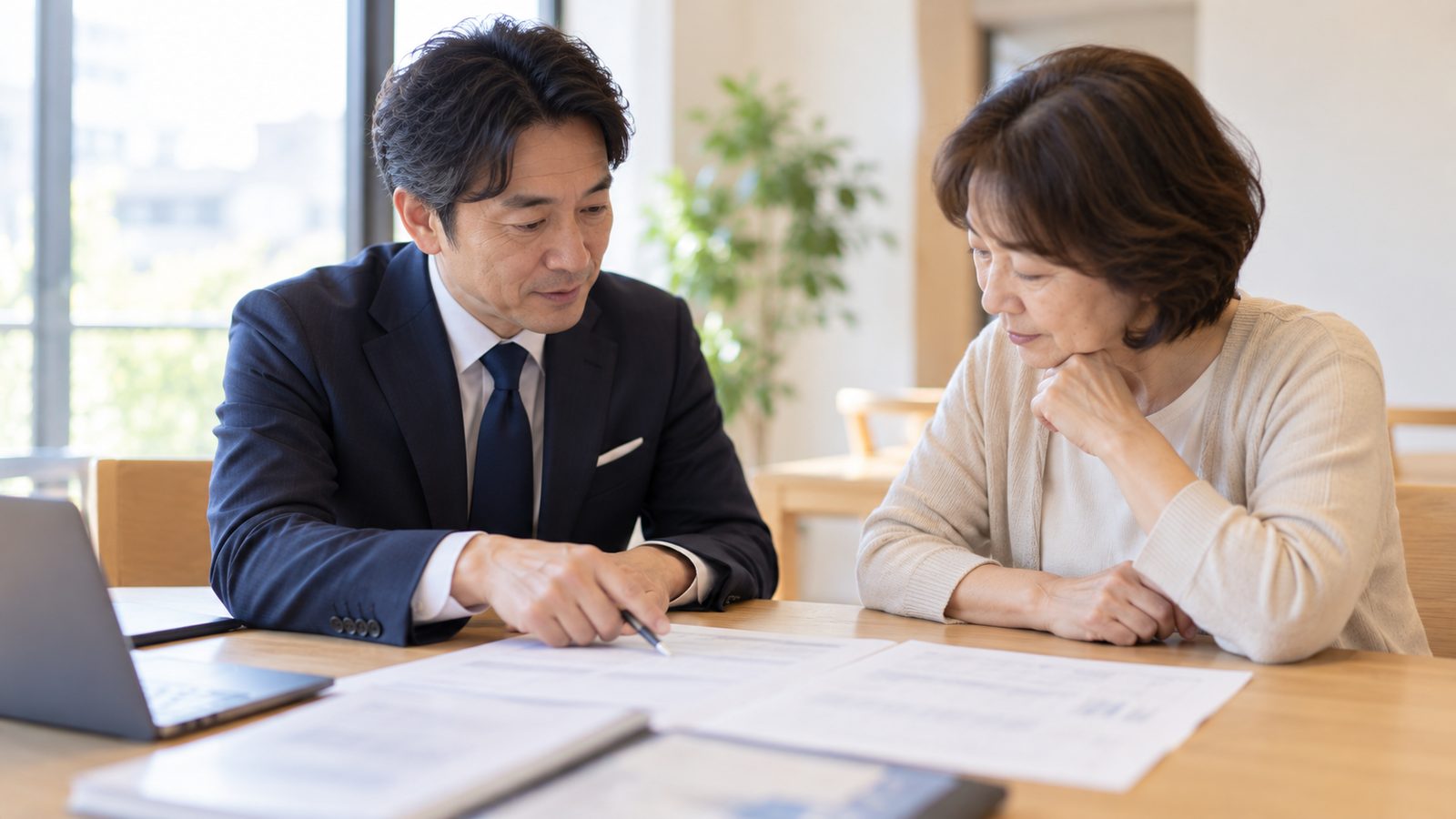 担当者と資料を見ながら価格について相談している場面